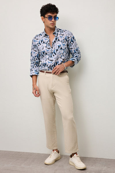 GROVE MEN PREMIUM COTTON BLEND BLUE PRINTED CASUAL SLIM FIT SHIRT