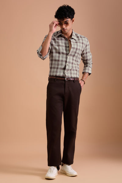 TERRANO MENS PREMIUM COTTON BLEND BROWN CHEVRON DOBBY CHECKED REGULAR FIT SHIRT
