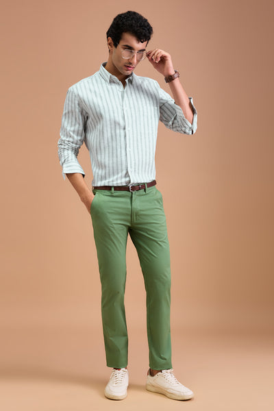 MARAISE MENS PREMIUM COTTON LINEN BLEND GREEN STRIPED REGULAR FIT SHIRT
