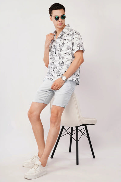 KAIRO WHITE RELAXED FIT CUBAN COLLAR PRINTED SHIRT