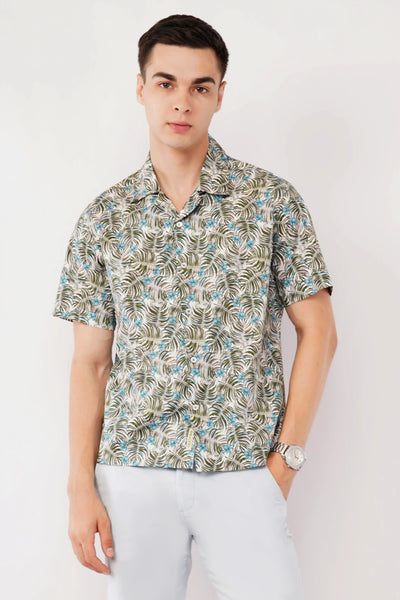 ORVEN GREEN RELAXED FIT CUBAN COLLAR PRINTED SHIRT
