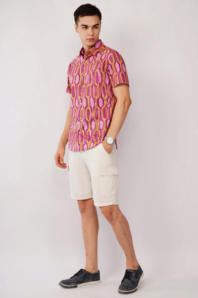 NUVIO PURPLE ABSTRACT PRINT SLIM FIT HALF SLEEVE SHIRT