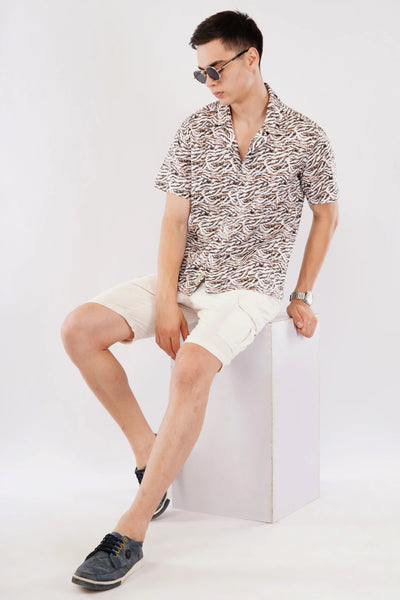SORREL BROWN RELAXED FIT CUBAN COLLAR PRINTED SHIRT