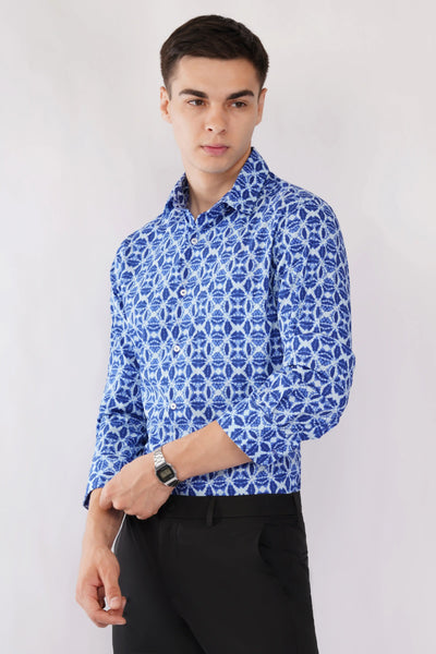 EMRYS BLUE MOTIF SLIM FIT PRINTED FULL SLEEVE SHIRT