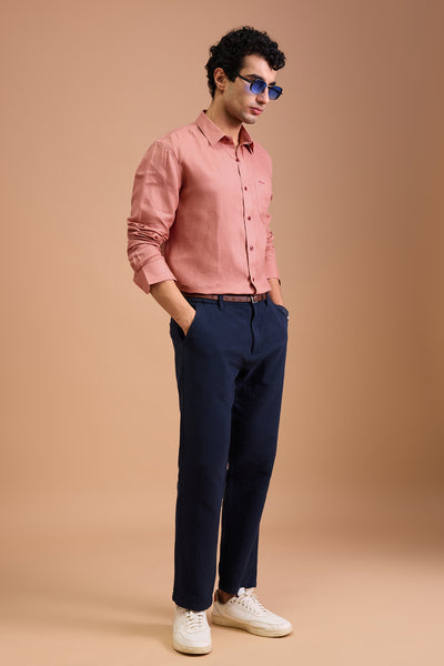 FLEUR MENS LUXURY IRISH LINEN CORAL PINK SOLID REGULAR FIT SHIRT