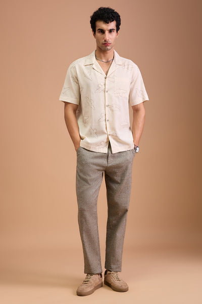 FAWN MENS PREMIUM COTTON LINEN BLEND OFF WHITE BIRD EMBROIDERY RELAXED FIT CUBAN SHIRT