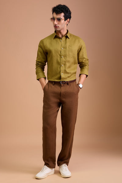 VRAIE MENS LUXURY IRISH LINEN GOLDEN YELLOW SOLID REGULAR FIT SHIRT