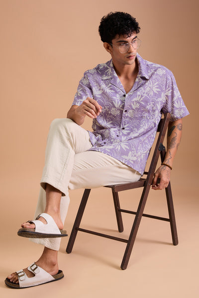 LEROS MENS PREMIUM LINEN BLEND PURPLE BOTANICAL PRINT RELAXED FIT CUBAN SHIRT