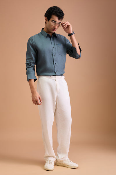 KOHL MENS LUXURY IRISH LINEN SLATE GREEN SOLID REGULAR FIT SHIRT