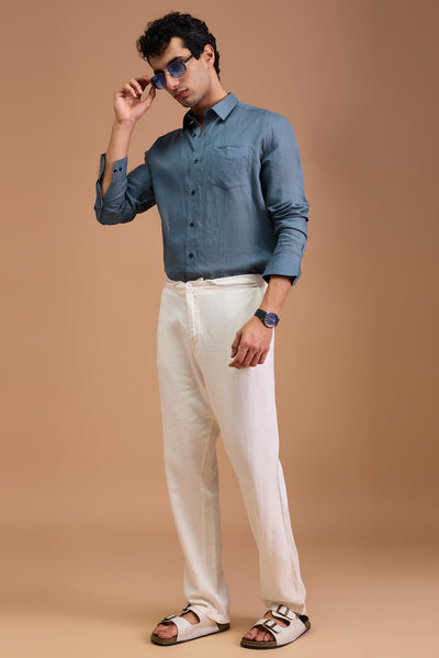 MAUI MENS LUXURY IRISH LINEN DUSTY BLUE SOLID REGULAR FIT SHIRT