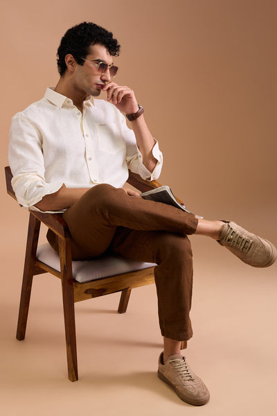 PALOMA MENS LUXURY IRISH LINEN IVORY SOLID REGULAR FIT SHIRT