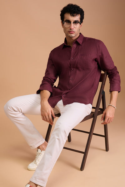 ROUX MENS LUXURY IRISH LINEN MAROON SOLID REGULAR FIT SHIRT