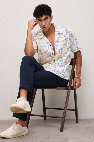 MARBELLA MENS PREMIUM COTTON NAVY PRINTED CASUAL RELAXED FIT CUBAN SHIRT