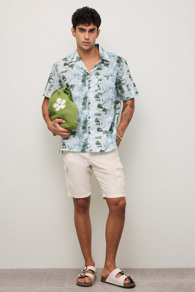 OHIO MENS PREMIUM COTTON BLEND GREEN PRINTED CASUAL RELAXED FIT CUBAN SHIRT