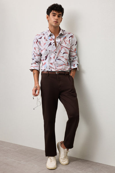 RAVELLO MENS PREMIUM COTTON BROWN PRINTED CASUAL SLIM FIT SHIRT