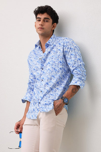 AZURE MENS PREMIUM COTTON BLUE PRINTED CASUAL SLIM FIT SHIRT