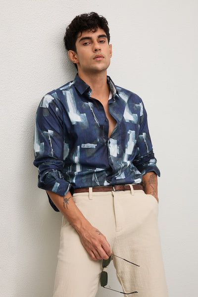 FJORD MENS PREMIUM COTTON NAVY BLUE CONTEMRORY PRINT SLIM FIT SHIRT