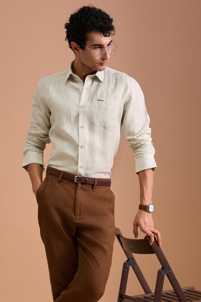 WREN MENS LUXURY IRISH LINEN OAT BEIGE SOLID REGULAR FIT SHIRT