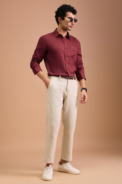 CLARET MENS LUXURY IRISH LINEN CRIMSON SOLID REGULAR FIT SHIRT