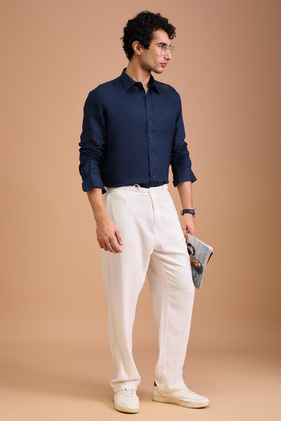 NOIR MENS LUXURY IRISH LINEN MIDNIGHT BLUE SOLID REGULAR FIT SHIRT