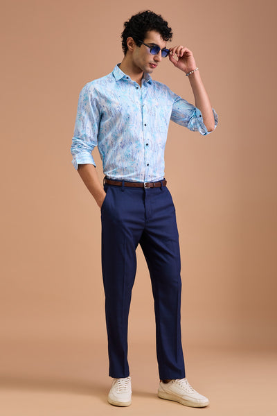 MIST MENS PREMIUM COTTON BLUE BOTANICAL PRINTED CASUAL SLIM FIT SHIRT