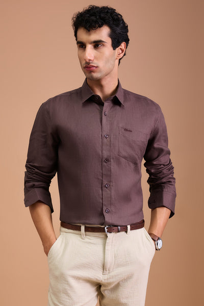 SOMBRE MENS LUXURY IRISH LINEN BROWN SOLID REGULAR FIT SHIRT