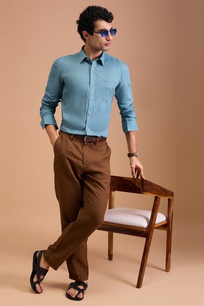 CIAN MENS LUXURY IRISH LINEN SEA BLUE SOLID REGULAR FIT SHIRT