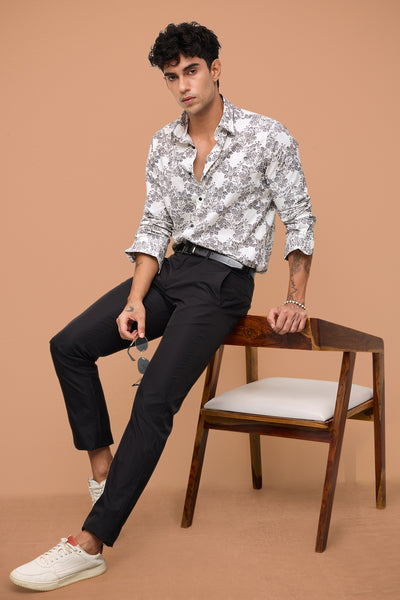 POSITANO MEN PREMIUM COTTON BLACK PRINTED CASUAL SLIM FIT SHIRT